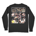 Black long-sleeve shirt with graphic design and text on a white background