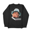 Black King of Brooklyn crewneck flat lay front view featuring vintage biggie portrait design.