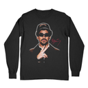 Black Puerto Rican Bunny graphic long sleeve flat lay front view, urban streetwear shirt