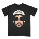 Black Reggaeton Bunny graphic tee flat lay front view, urban Latin music shirt.