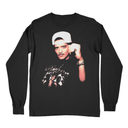 Black Velvet Showman long sleeve flat lay front view, retro singer portrait
shirt.