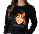 Black sweatshirt with a graphic of Halle Berry's face and name on a plain background