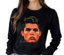 Black sweatshirt with a graphic of a face and 'Cristiano' text on a plain background