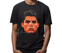 Black t-shirt with a graphic of a face and signature on a white background