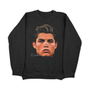 Black sweatshirt with a graphic of a person's face on a white background