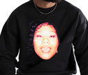 Man wearing black Her Loss crewneck, vintage hip hop fan apparel.