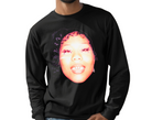 Man wearing black Her Loss long sleeve, vintage hip hop fan apparel.

