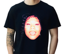 Man wearing black Her Loss t-shirt, vintage hip hop fan apparel.
