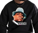 Man wearing black King of Brooklyn crewneck sweatshirt, retro hip hop fan apparel.

