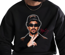 Man wearing black Puerto Rican Bunny crewneck, Latin music fan apparel.