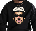 Man wearing black Reggaeton Bunny crewneck, Latin music fan apparel.