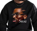  Man wearing black Shai Gilgeous-Alexander MVP crewneck, retro basketball fan apparel.