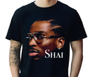 Man wearing black Shai Gilgeous-Alexander MVP t-shirt, retro basketball fan apparel.