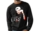 Man wearing black Velvet Showman long sleeve, retro singer fan apparel.
