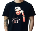 Man wearing black Velvet Showman t-shirt, retro singer fan apparel.