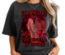Vintage Scarface movie graphic tee featuring 'The World Is Yours' slogan in retro style
