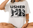 Women's Usher Past Present Future White Tee - Female wearing Y2K R&B throwback streetwear