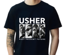 Men's Usher Past Present Future Black Tee - Adult wearing throwback R&B concert streetwear