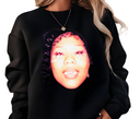 Woman styling black Her Loss crewneck, casual unisex rap shirt.