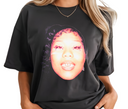Woman styling black Her Loss t-shirt, casual unisex rap shirt.