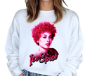 Woman styling white Ice Spice sweatshirt, casual unisex concert shirt.