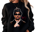 Woman styling black Puerto Rican Bunny crewneck, casual unisex streetwear.