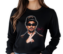  Woman styling black Puerto Rican Bunny long sleeve, casual unisex streetwear.
