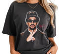 Woman styling black Puerto Rican Bunny t-shirt, casual unisex streetwear.
