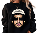 Woman styling black Reggaeton Bunny crewneck, casual unisex streetwear.