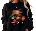  Woman styling black Shai Gilgeous-Alexander MVP crewneck, casual unisex sportswear.