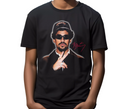 Youth wearing black Puerto Rican Bunny t-shirt, kid-friendly Latin artist fan gear.