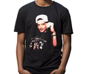 Youth wearing black Velvet Showman t-shirt, kid-friendly music fan gear.