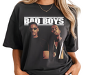 Woman styling black Bad Boys movie t-shirt, casual unisex film merchandise.