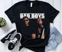 Black Bad Boys movie tee mockup styled with sneakers, urban streetwear.