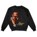 A black graphic sweatshirt featuring a vintage-inspired image of a person with a watch and chain.