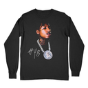 Black NBA YoungBoy Top Pain vintage graphic long sleeve flat lay front view, retro rap streetwear.