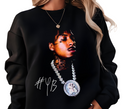 Woman styling black NBA YoungBoy Top Pain sweatshirt casual unisex rap shirt.