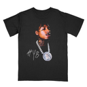 Black NBA YoungBoy Top Pain vintage graphic tee flat lay front view, retro rap streetwear.