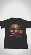 Floating black Shai Gilgeous-Alexander MVP t-shirt showing front portrait graphic.
