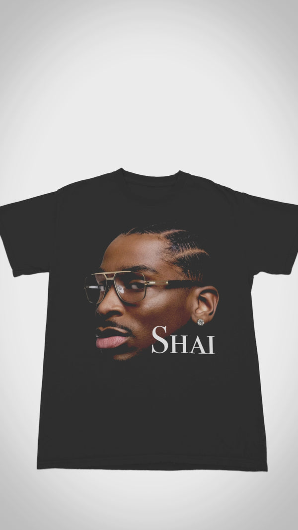 Floating black Shai Gilgeous-Alexander MVP t-shirt showing front portrait graphic.

