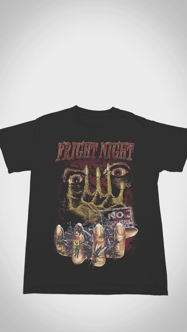 Floating black Fright Night vintage horror t-shirt showing front graphic.