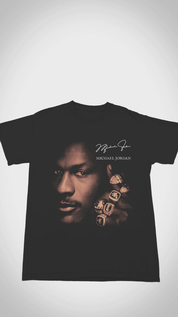 Vintage Michael Jordan '6 Rings' T-shirt - Close-up video shows heavyweight 100% cotton, distressed 1998 Bulls championship graphics, and authentic NBA Finals patch for 90s basketball collectors.