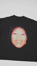 Floating black Her Loss t-shirt showing front and back graphic.