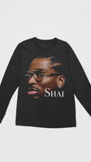 Floating black Shai Gilgeous-Alexander MVP long sleeve showing front portrait graphic