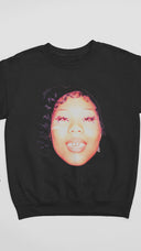 Floating black Her Loss sweatshirt showing front duo portrait graphic.
