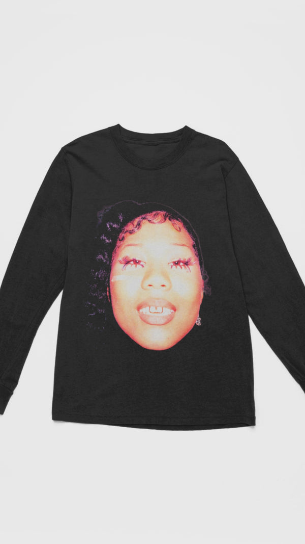 Floating black Her Loss long sleeve showing front  and back graphic.