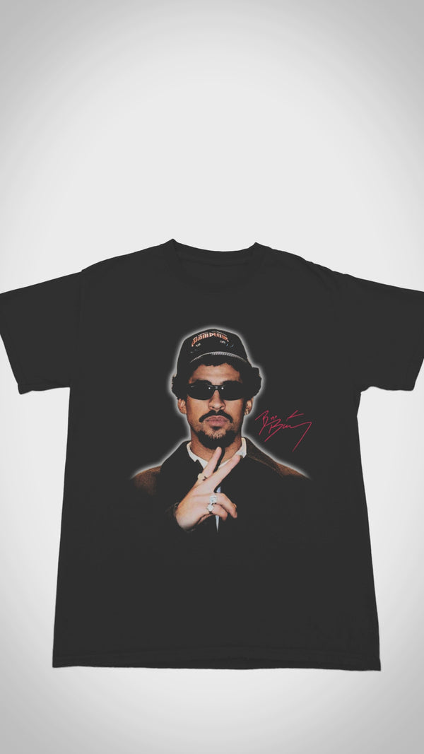  Floating black Puerto Rican Bunny t-shirt showing front portrait graphic.