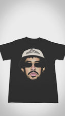 Floating black Reggaeton Bunny t-shirt showing front urban rabbit graphic.
