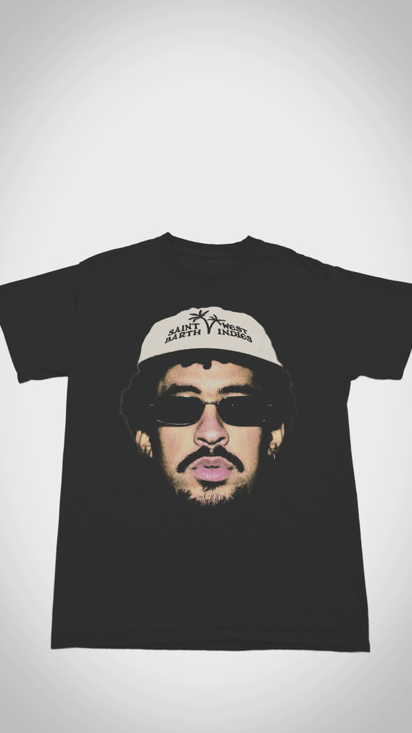 Floating black Reggaeton Bunny t-shirt showing front urban rabbit graphic.
