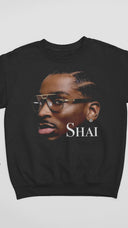Floating black Shai Gilgeous-Alexander MVP sweatshirt showing front portrait graphic.